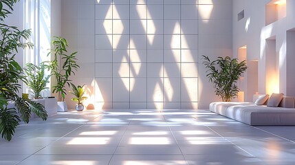 Sunlight streams through large windows, casting geometric patterns on the floor of a modern, minimalist interior with lush green plants.