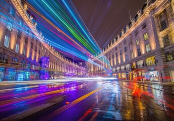 City street at night, vibrant light trails