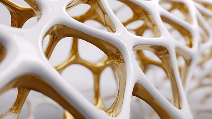 Abstract White and Gold Lattice Structure, Interconnected Organic Cell Pattern