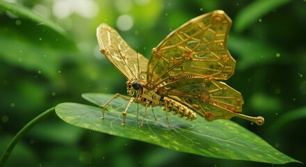 Golden mechanical butterfly resting on a vibrant green leaf in soft sunlight