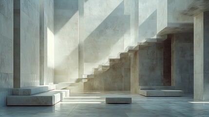 Serene concrete interior with dramatic light and shadow playing on a minimalist staircase