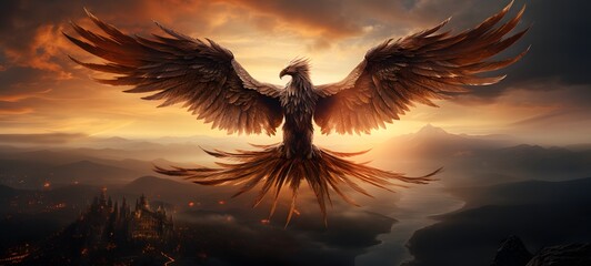 A haunted gothic phoenix perched on a wind-swept hill art, generative ai