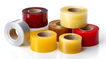 Assorted Colorful Packaging Tape Rolls Red, Yellow, Brown, and Silver on White Background