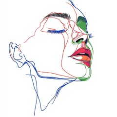 Minimalist Multi-Color Line Art Portrait: Serene Woman with Closed Eyes