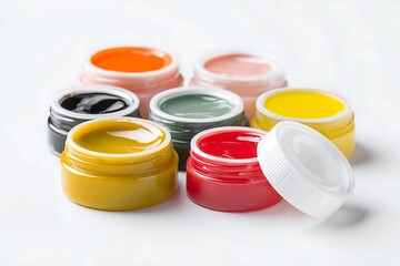 Assorted Small Jars of Gel Polish in Multiple Colors on White Background Close Up