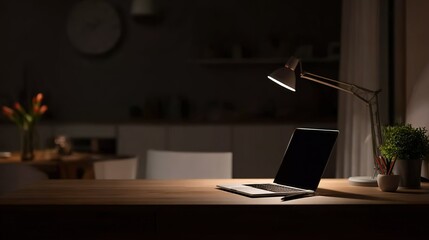 Modern desk with open laptop under soft ambient lighting, dark background with plants for cozy home office atmosphere, ideal for digital projects and remote work settings.