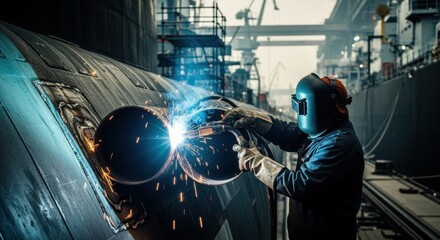 Welder applying orbital welding on submarine pipeline segments integrated into the hull structure of a naval vessel.