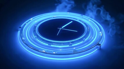 Futuristic blue glowing clock design with steam effect, showcasing time in a modern digital environment - Powered by Adobe