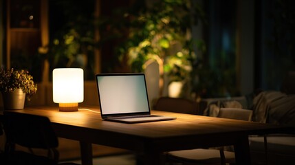 Modern desk with open laptop under soft ambient lighting, dark background with plants for cozy home office atmosphere, ideal for digital projects and remote work settings.