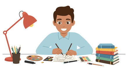 Smiling Young Man Drawing at Desk with Supplies.