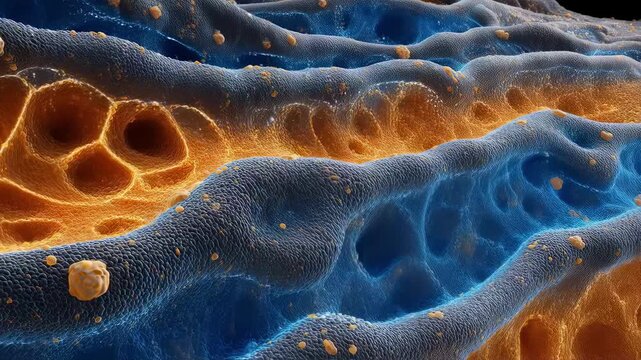 Timelapse digital rendering of bone remodeling process with vibrant orange osteoclasts dissolving old bone and blue osteoblasts synthesizing fresh bone layers.