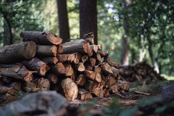 A stack of logs in a forest