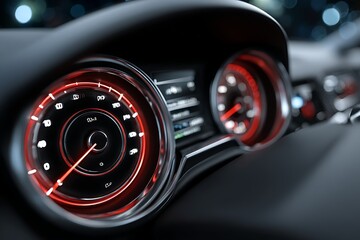 Car Speedometer with Red Neon Lights, Modern Dashboard Instrument Panel View