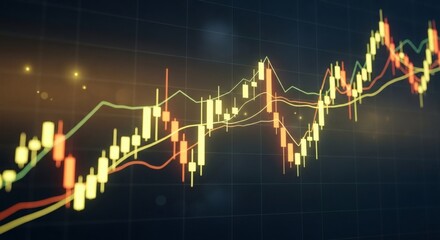 Digital candlestick chart with moving averages on a dark background