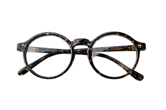 Close-up of round eyeglasses with tortoise shell pattern