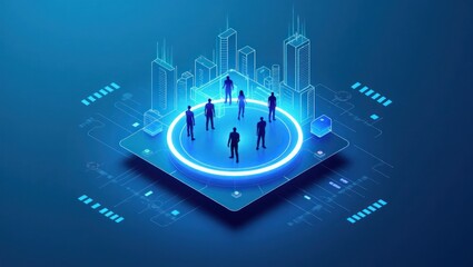Corporate team interacting within a futuristic digital ecosystem, representing a smart city and global business.