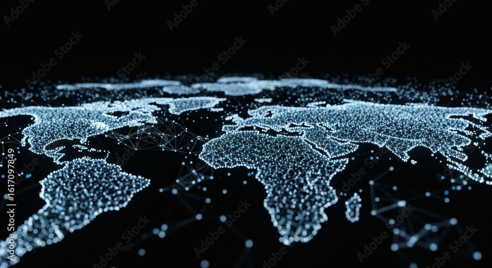 Wall mural digital world map formed by glowing points and connecting lines