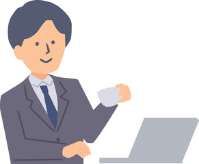 コーヒーを飲みながら仕事をするビジネスマンのイラスト