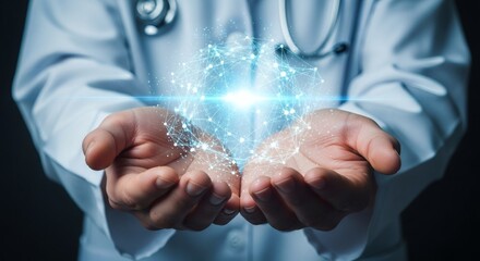 Doctor holding a glowing digital network sphere in cupped hands