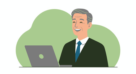 Smiling Businessman Working on Laptop Vector Illustration.