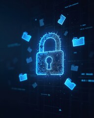 Advanced Digital Security Concept Featuring Glowing Padlock and Encrypted Data Folders on Dark Background for Cyber Protection and Information Privacy
