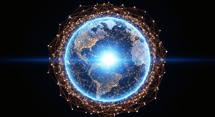 Earth surrounded by a network of glowing points and lines