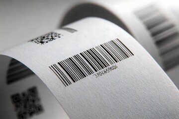 CloseUp of Thermal Paper Roll with Barcode and QR Code Printout Detail
