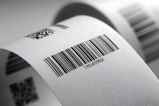 CloseUp of Thermal Paper Roll with Barcode and QR Code Printout Detail