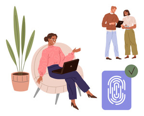 Woman sitting on chair with laptop, two people reviewing a tablet, fingerprint icon with check mark, and potted plant. Ideal for teamwork, remote work, technology, security, collaboration