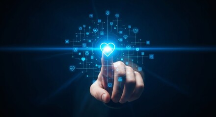 Finger touching a glowing heart icon surrounded by digital network and icons