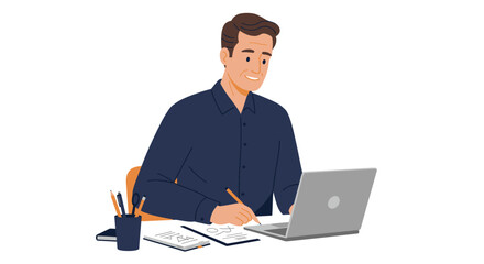 Man Working at Desk with Laptop and Papers.