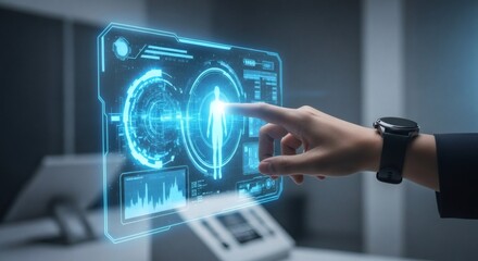 Futuristic holographic interface with a hand interacting