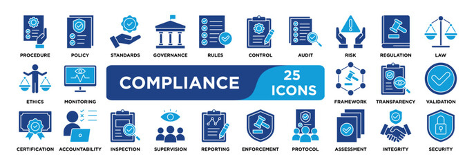 compliance icon collection set. Containing regulation,policy,standards,governance,rules,control,audit,risk,procedure,law icon. dual tone vector.	
