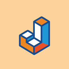 Abstract 3D geometric shape with colorful blocks and bold outlines.