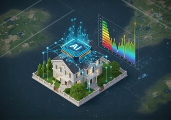 Isometric illustration of a smart home powered by artificial intelligence for energy management. Futuristic concept of home automation and data analysis.