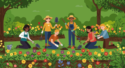 Fototapeta premium Group of People Gardening Together in a Garden.