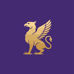 Regal gold griffin a legendary creature with eagle wings and a lions body.