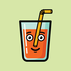 Cartoon Juice Glass with Smiling Face and Straw.