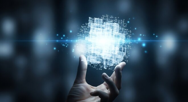 Hand holding a glowing digital cube with connecting nodes