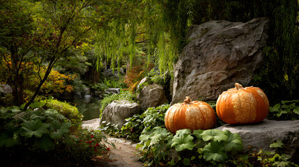 Obraz premium Vibrant Orange Pumpkins Nestled Among Lush Green Foliage and Rocks Near Reflective Water Surface
