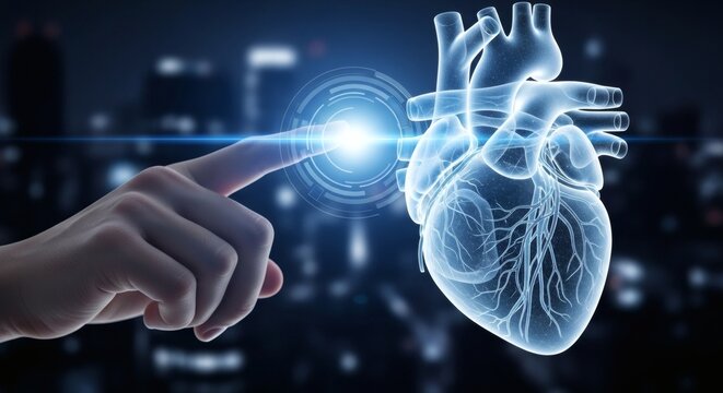 Hand interacting with a digital heart hologram