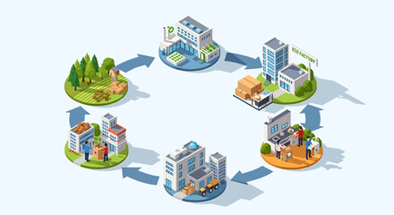 Isometric infographic of the supply chain process in a circular economy.