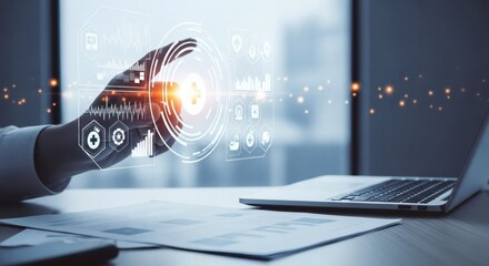 Hand interacting with futuristic medical data interface