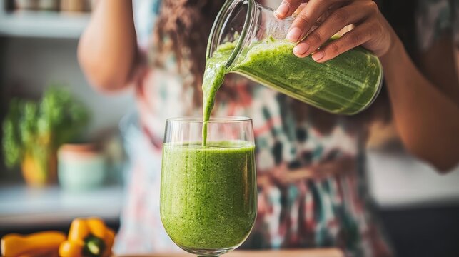 A woman pouring a green smoothie into a glass - Powered by Adobe