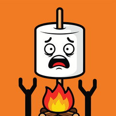 Scared Marshmallow on Stick Roasting Over Campfire.