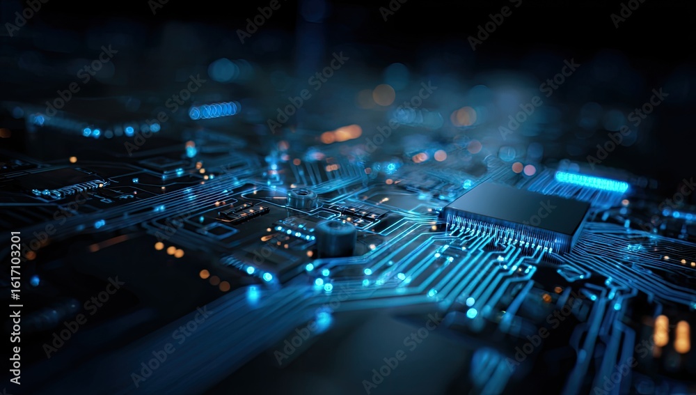 Poster close-up view of intricate circuit board with glowing blue pathways and components