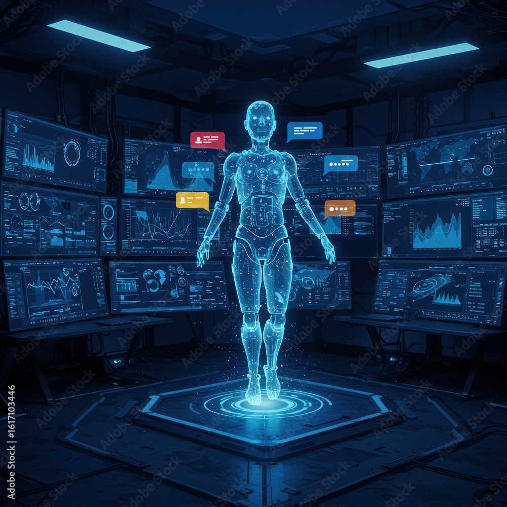 Poster advanced technology concept with two professionals analyzing a 3d hologram of an artificial intellig