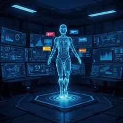 Advanced technology concept with two professionals analyzing a 3D hologram of an artificial intelligence avatar on a futuristic screen