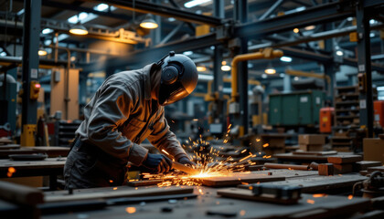 Metal fabricator works diligently in workshop, wearing protective gear and headphones. Sparks fly as metal is shaped, showcasing intensity and focus of craft