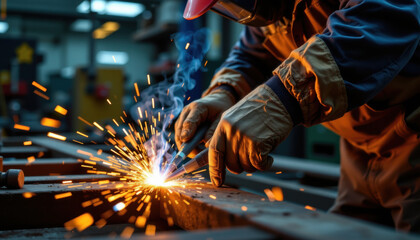 Skilled worker performs welding, creating bright sparks and smoke in workshop environment. focus is on precision and craftsmanship involved in metalworking, showcasing intensity of task